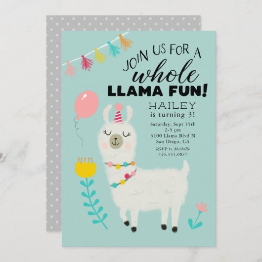 Invitation Fun Llama complet fête d'anniversaire (Devant / Derrière)