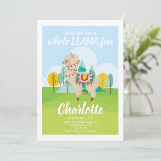 Invitation Fun Llama complet fête d'anniversaire (Debout devant)