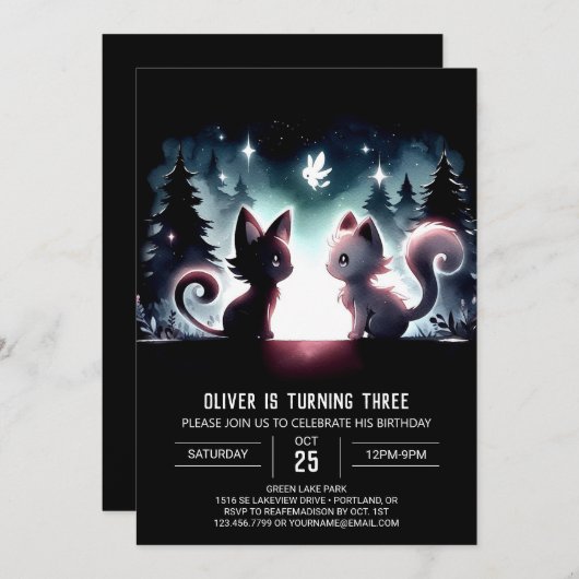 Invitation Fun Magique Chat Anniversaire (Devant / Derrière)