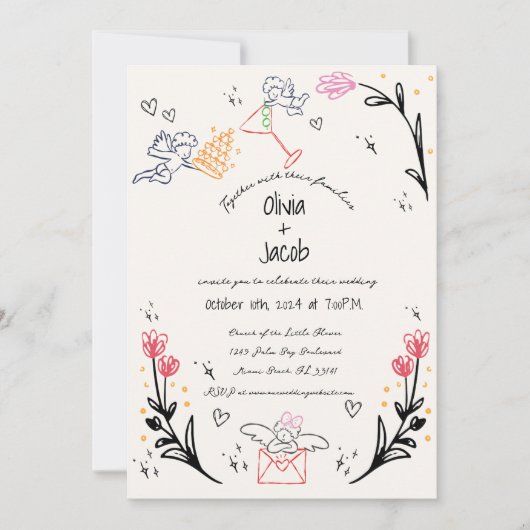 Invitation Fun Main tiré Cupid Fleur sauvage Scribble Mariage (Devant)
