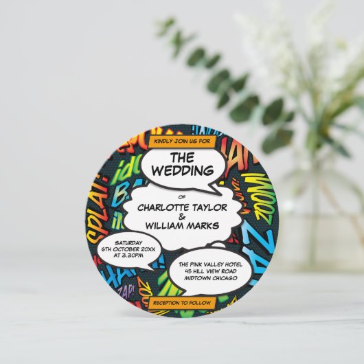 Invitation Fun Modern Comic Book Circle Mariage (Debout devant)
