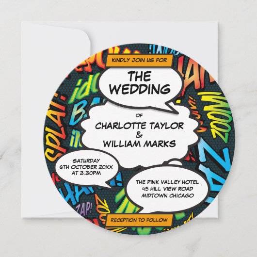 Invitation Fun Modern Comic Book Photo Circle Mariage (Devant)