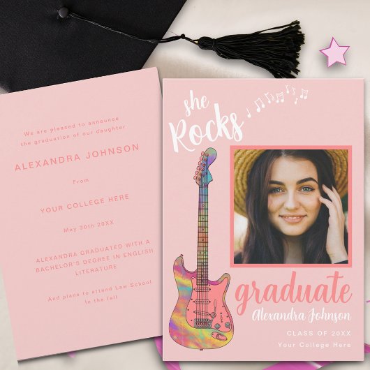 Invitation Fun Modern Pink Script Diplômé Photo
