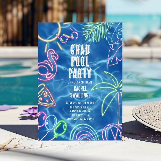 Invitation Fun Neon Graduation Pool Party 