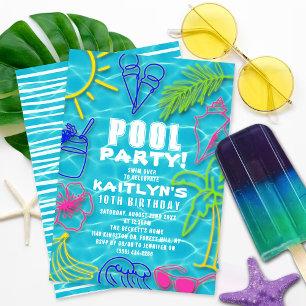 Invitation Fun Neon Summer Pool Party N'importe quel âge Anni
