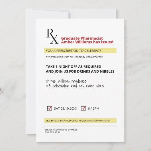 Invitation Fun Novelty Rx Prescription Pharmacie Graduation (Devant)