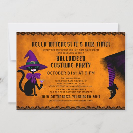 Invitation Fun Orange sorcier Casquette noir Chat Boire Hallo (Devant)