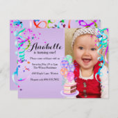 Invitation Fun Party Fête violet premier anniversaire (Devant / Derrière)