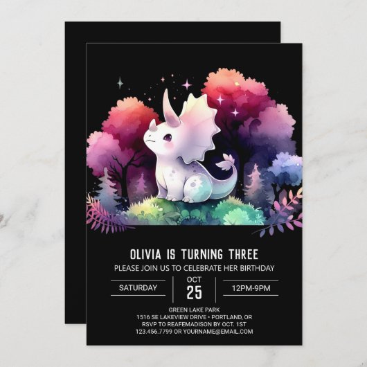 Invitation Fun Pastel Triceratops Anniversaire (Devant / Derrière)