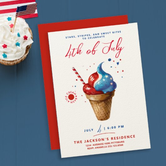 Invitation Fun Patriotic Ice Cream US Drapeau Rouge Aquarelle