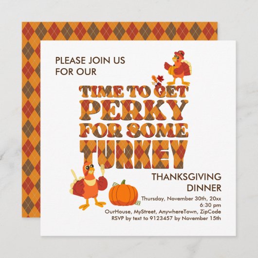 Invitation Fun PERKY POUR TURQUIE Dîner Thanksgiving (Devant / Derrière)