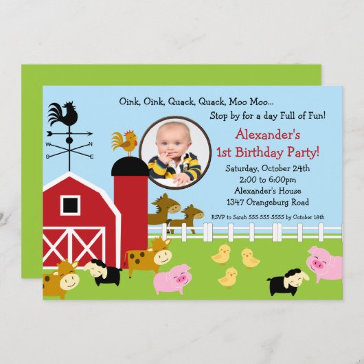 Invitation Fun Photo de Barn Animal Fun (Devant / Derrière)