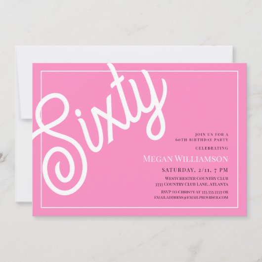 Invitation Fun Pink and White Script 60e anniversaire (Devant)