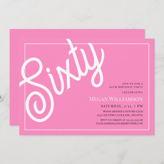 Invitation Fun Pink and White Script 60e anniversaire (Devant / Derrière)