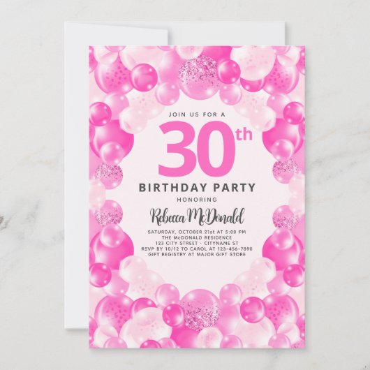Invitation Fun Pink Balloons Faux Parties scintillant 30e ann (Devant)