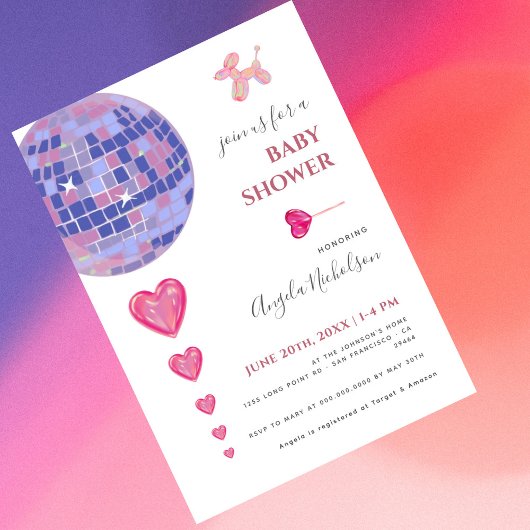 Invitation Fun Pink Disco Ballons Baby shower fille