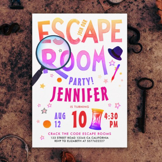 Invitation Fun Pink Escape Room Game Scavenger Hunt Bold Typo