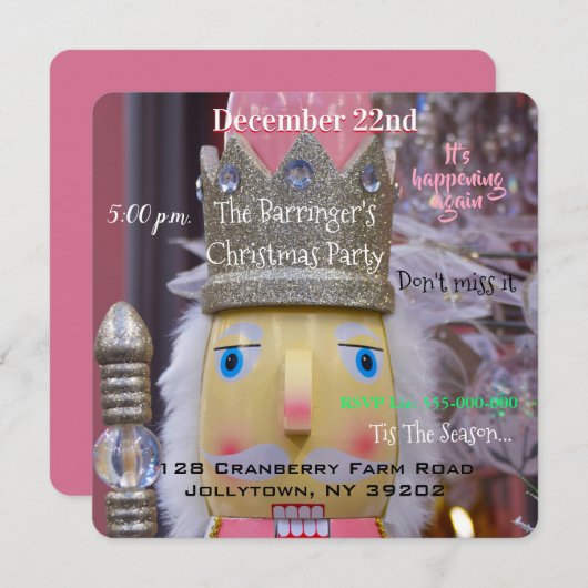 Invitation Fun Pink Nutcracker mignonne fête de Noël (Devant / Derrière)