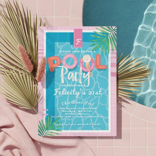 Invitation Fun Pink Tropical Adulte Summer Pool Party Anniver