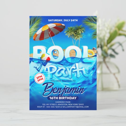 Invitation Fun Pool Party Bright Tropical Natation Anniversai (Debout devant)