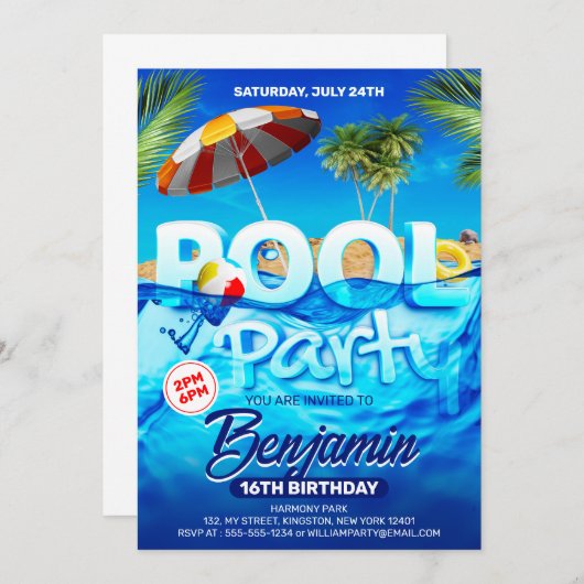 Invitation Fun Pool Party Bright Tropical Natation Anniversai (Devant / Derrière)