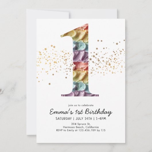 Invitation Fun Rainbow Cake Icing Premier anniversaire (Devant)