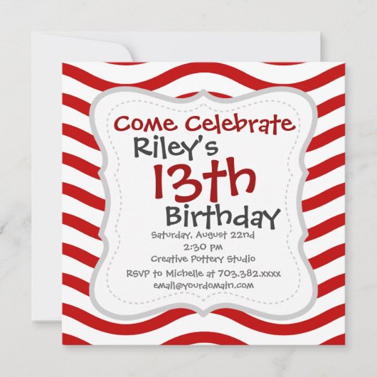 Invitation Fun Red and White Wavy Lines Stripes Cadeaux Motif (Devant)