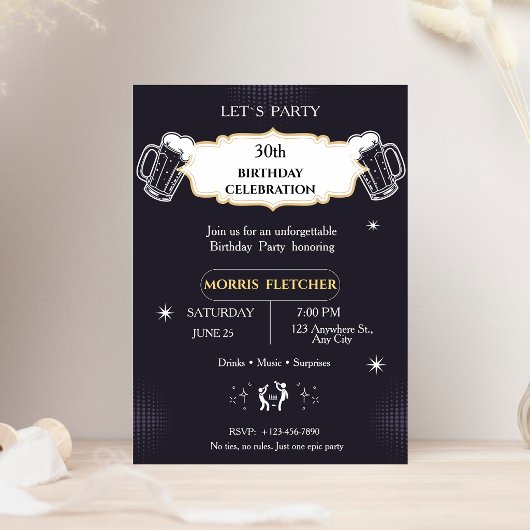 Invitation Fun Retro Black and Gold Men