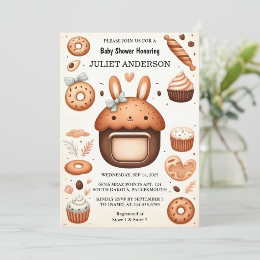 Invitation Fun Rétro Boho Cake Bun Dans Le Baby shower Du Fou (Debout devant)