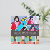 Invitation Fun Retro Carrés 3 Photo Collage Graduation Party (Debout devant)