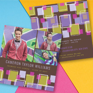 Invitation Fun Retro Carrés 3 Photo Collage Graduation Party