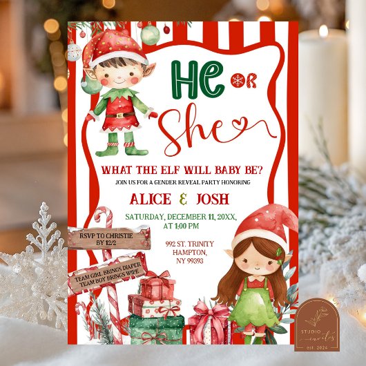 Invitation Fun Retro Christmas Elves Gender Reveal