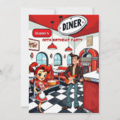 Invitation Fun Retro Diner Birthday Party Red White Rocker (Devant)