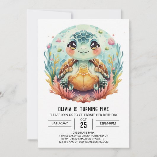 Invitation Fun Rose Turtle Girl Anniversaire (Devant)