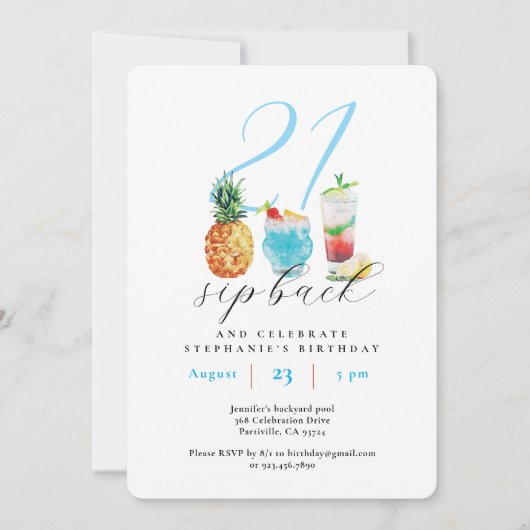 Invitation Fun Sip Back Cocktails 21e fête d'anniversaire (Devant)