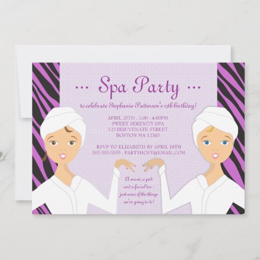 Invitation Fun Spa Birthday Spa Party Invitation| Zèbre (Devant)