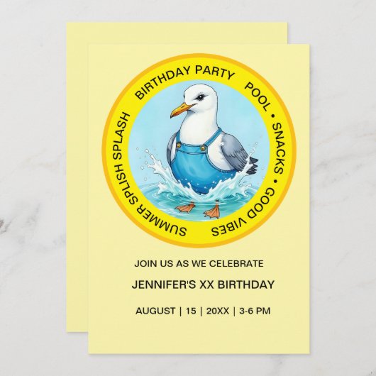 Invitation fun Splish Splash Seagull summer Pool Party (Devant / Derrière)