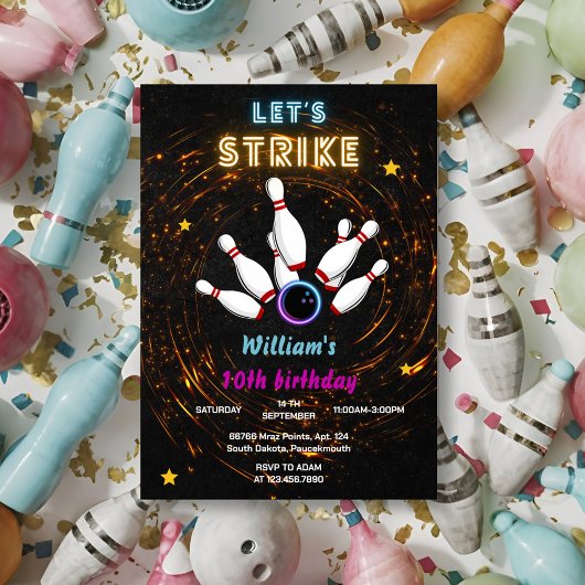 Invitation Fun Strike cool sports bleu Bowling 10e anniversai