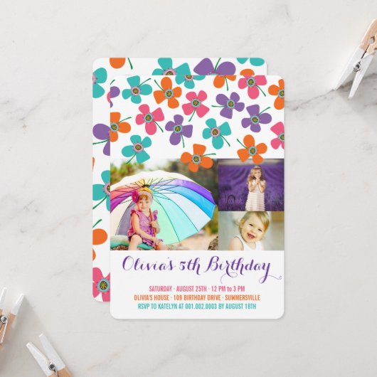Invitation Fun Summer Daisies Pop Chic Girl's Birthday Photo (Devant/Arrière en situation)