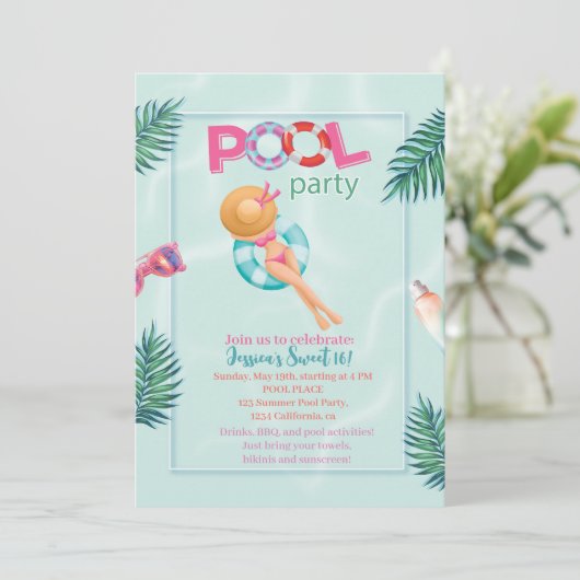Invitation Fun Summer Pool Party Watercolor Sweet 16 (Debout devant)