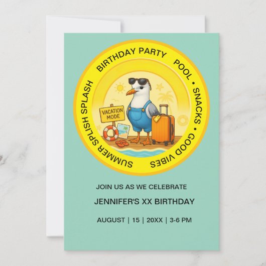 Invitation fun sunny destination seagull beach birthday (Devant)