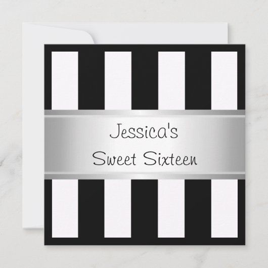 Invitation Fun Sweet 16 Black & White Stripes Silver Party (Devant)