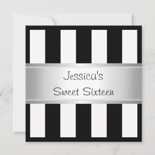 Invitation Fun Sweet 16 Black & White Stripes Silver Party