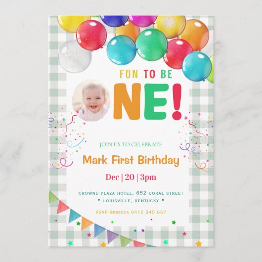 Invitation Fun to Be One Photo First Birthday part  (Devant)