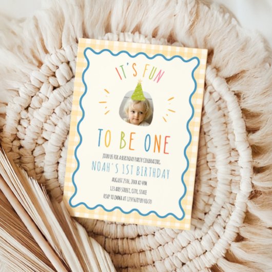 Invitation Fun To Be One Photo Yellow Gingham 1st Birthday