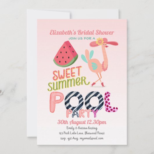 Invitation Fun Tropical Flamant rose Pool Party Rose Bleu mod (Devant)
