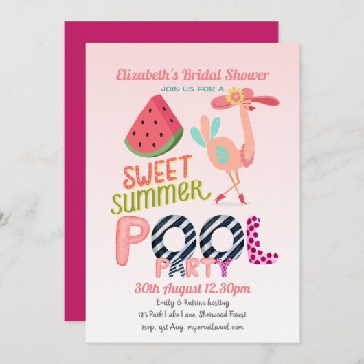 Invitation Fun Tropical Flamant rose Pool Party Rose Bleu mod (Devant / Derrière)