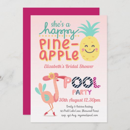 Invitation Fun Tropical Flamant rose Pool Party Rose Bleu mod (Devant / Derrière)