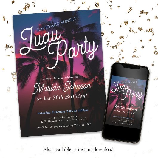 Invitation Fun Tropical Sunset Luau Party 70e anniversaire