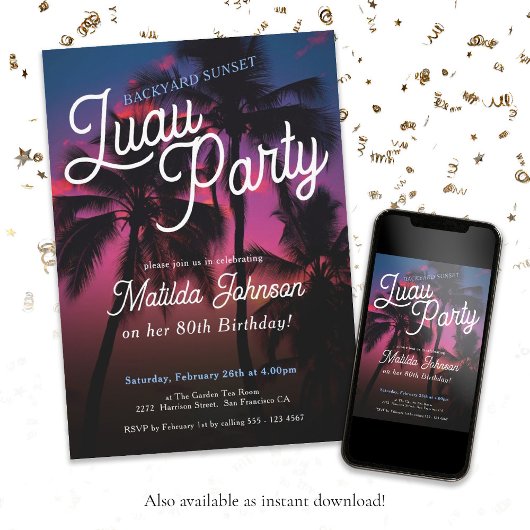 Invitation Fun Tropical Sunset Luau Party 80e anniversaire